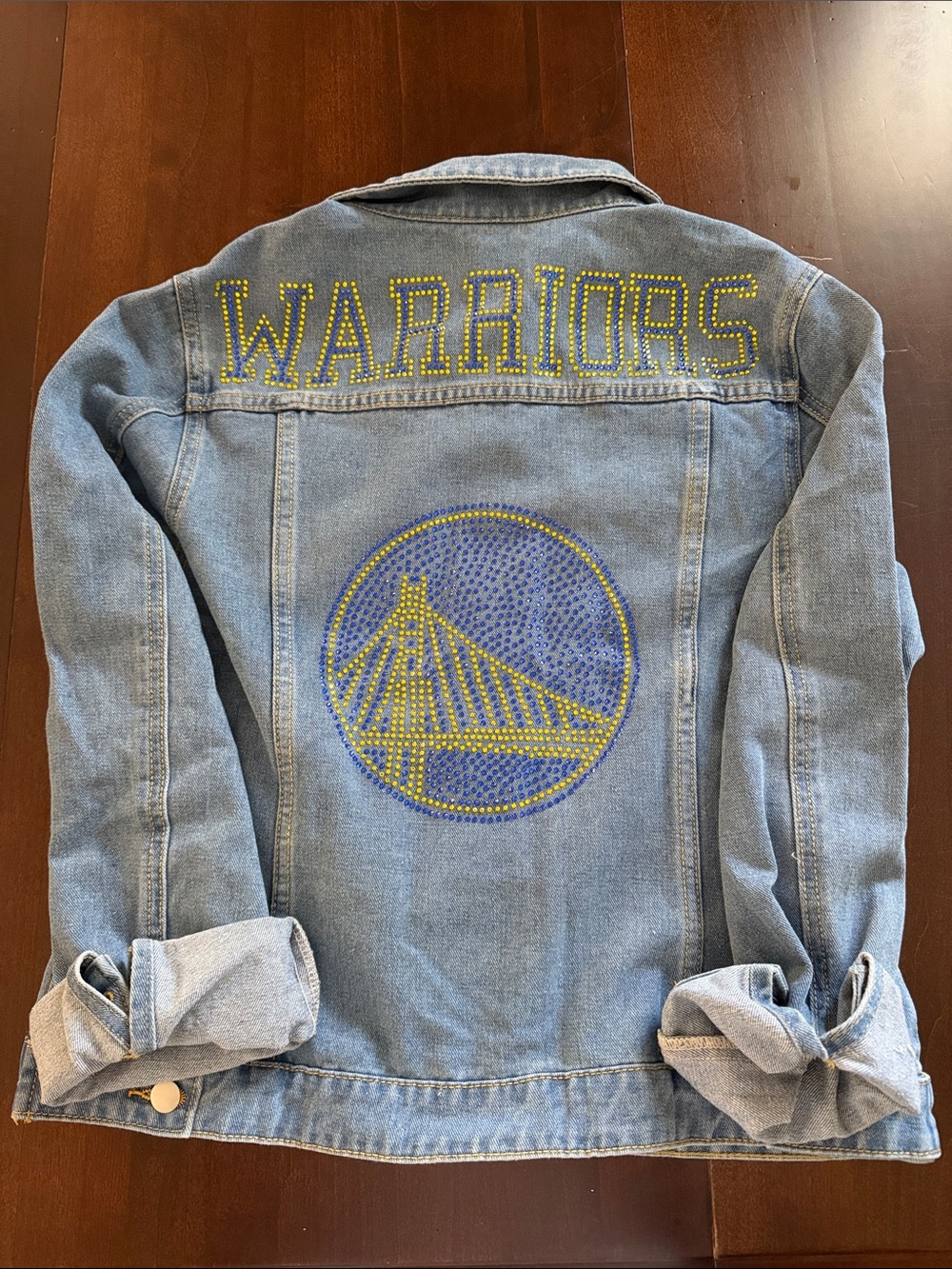 Golden State Warriors jean jacket. Custom designed w/ swarovski rhinestones.